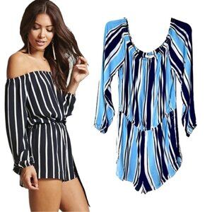 ❤️ 🆕 FOREVER 21 off shoulder Long Sleeve blue Striped Jumpsuit Size XL